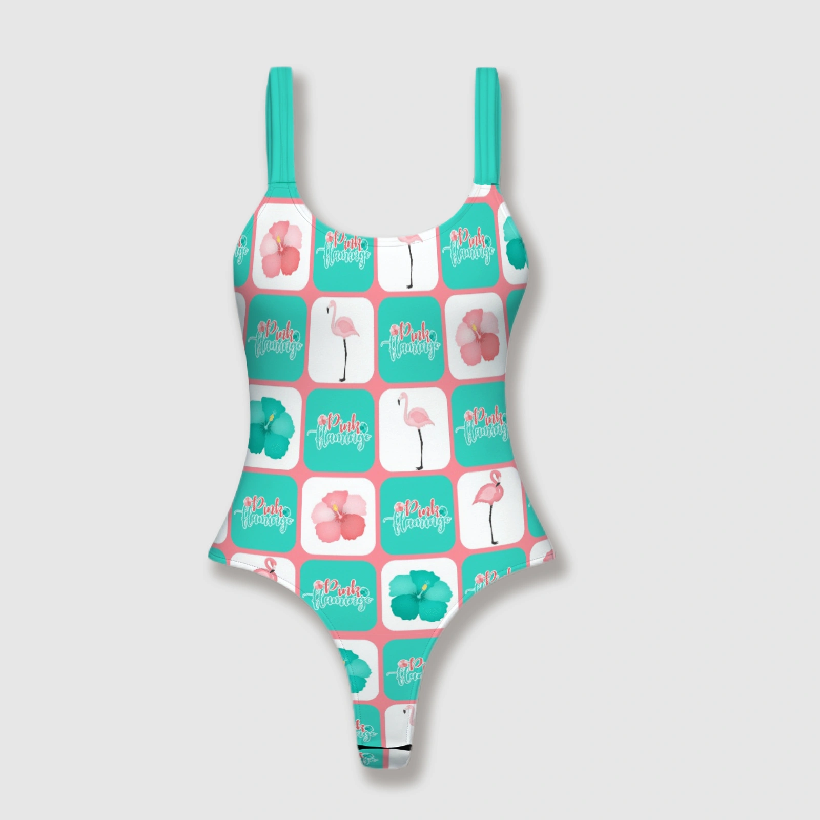 Pink Flamingo Hibiscus Thong One Piece Swimsuit for Women Beach Trips