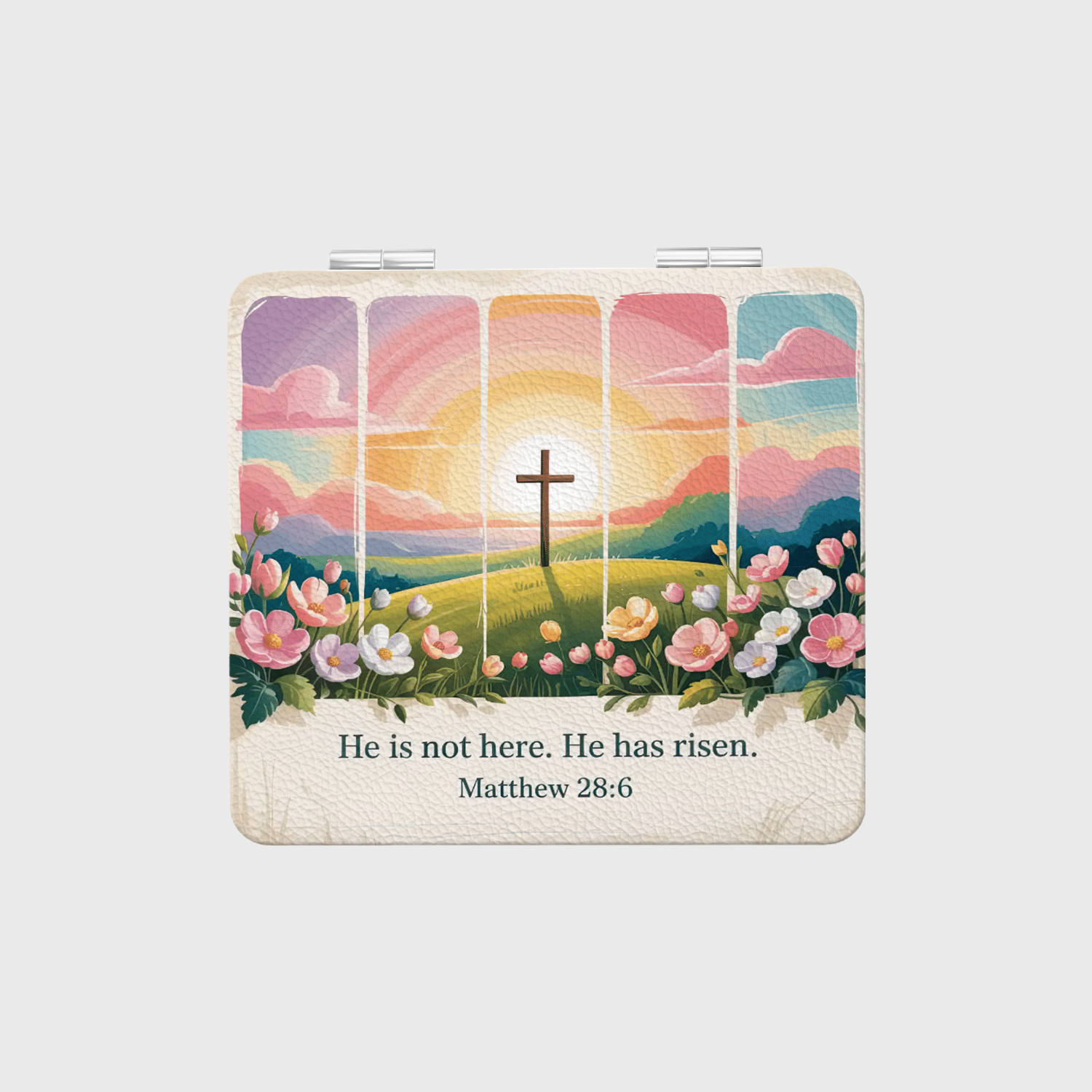He Has Risen Christian Square Pocket Makeup Mirror for Religious Easter Gifts