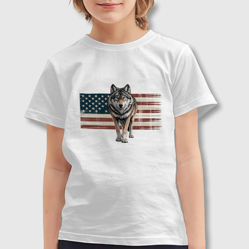Patriotic Wolf US Flag Kids T-Shirt for Boys Girls Daily Wear