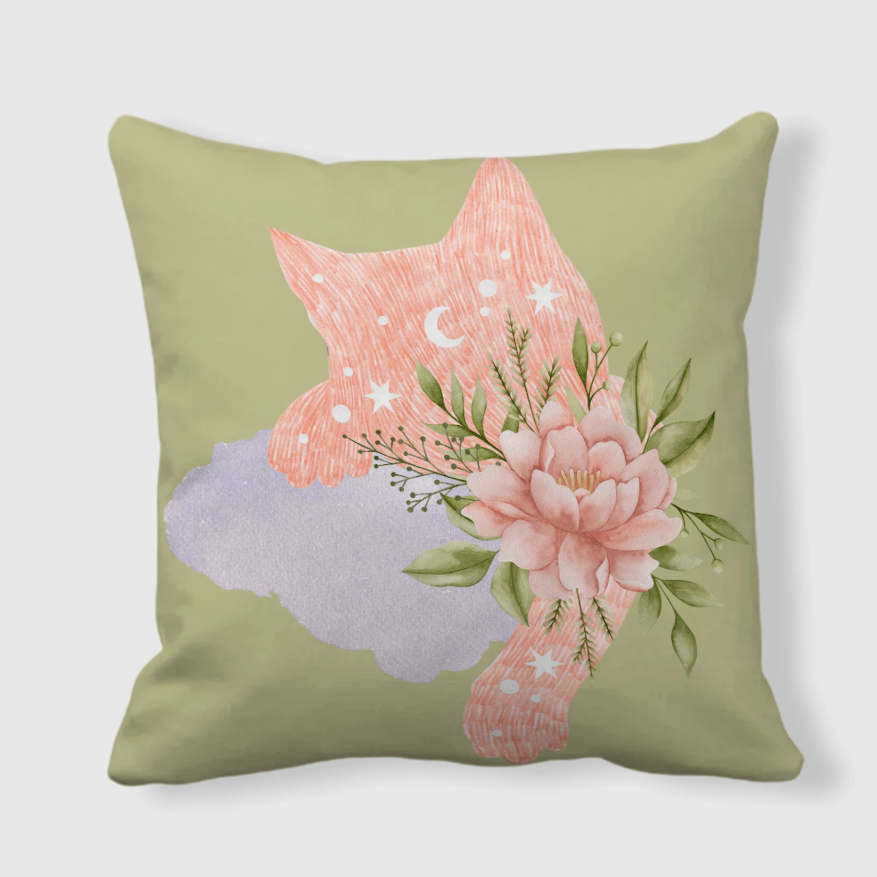 Watercolor Floral Cat Throw Pillow for Cat Lovers Home Decor