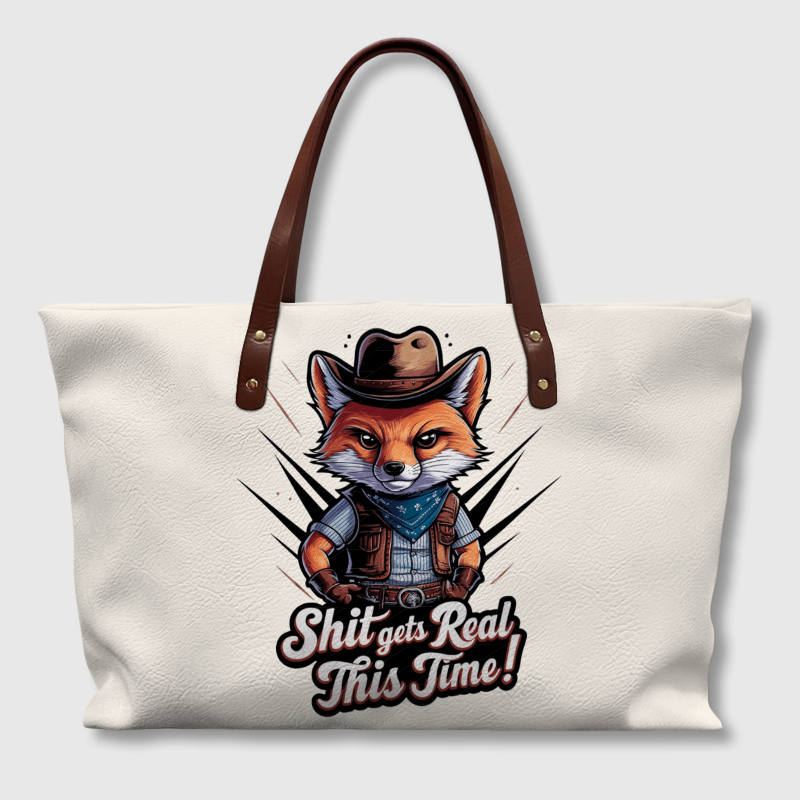 Funny Cowboy Fox PU Leather Tote Bag for Pet Lovers Daily Use
