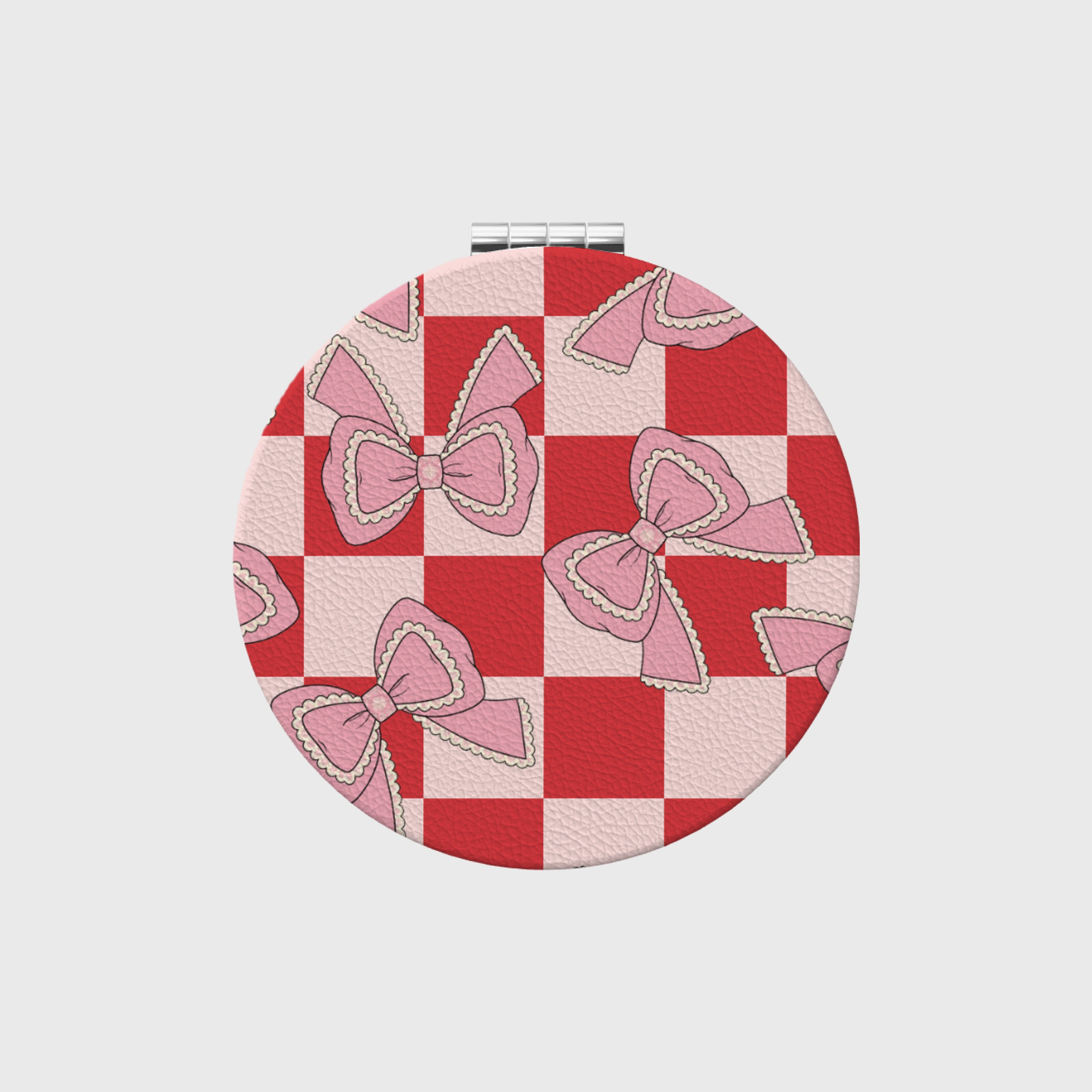 Pink Bow Checkered Round Pocket Makeup Mirror for Women Birthday & Bachelorette Gifts