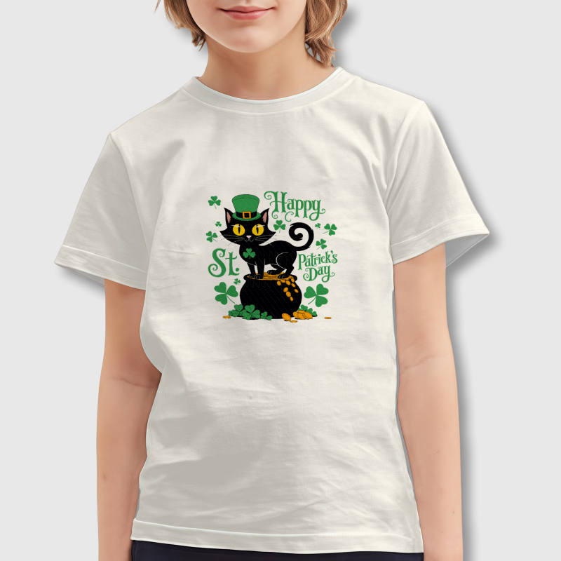 Black Cat Shamrock Kids T-Shirt for St Patrick's Day