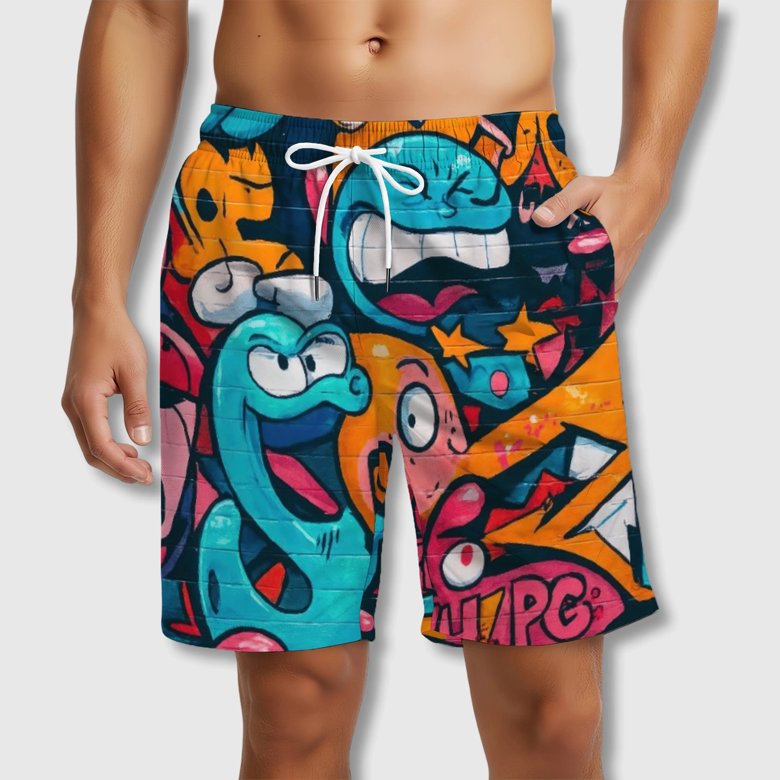 Graffiti Cartoon Print Beach Shorts for Men Summer Wear