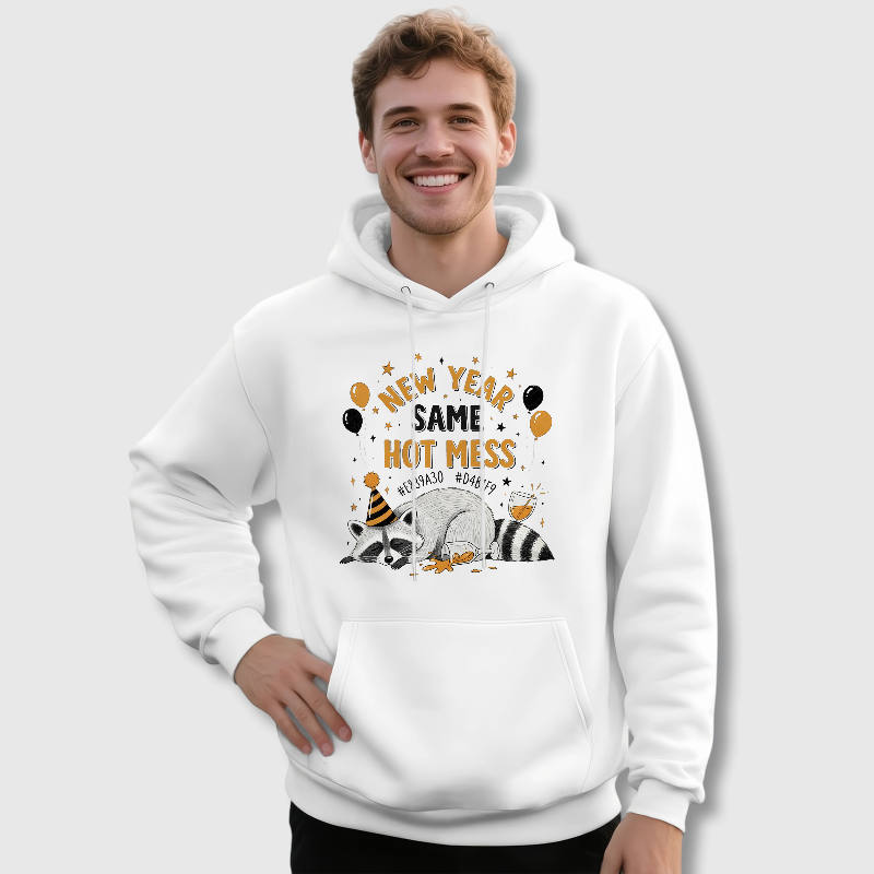 Funny Raccoon New Year Hot Mess Hoodie for Men