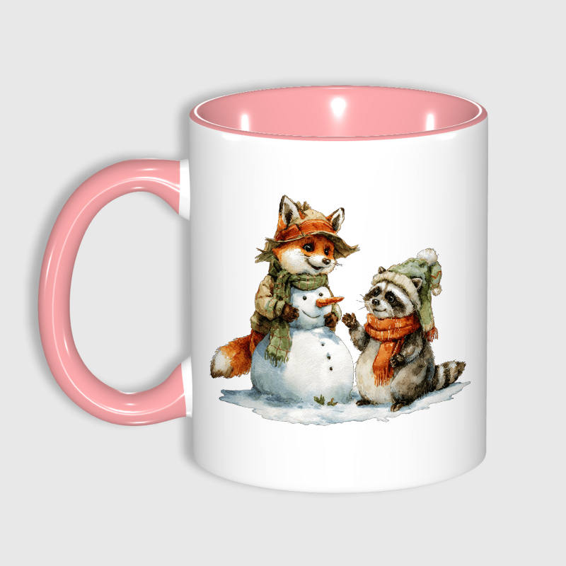 Fox Raccoon Snowman Pink Mug for Animal Lover Winter Gifts