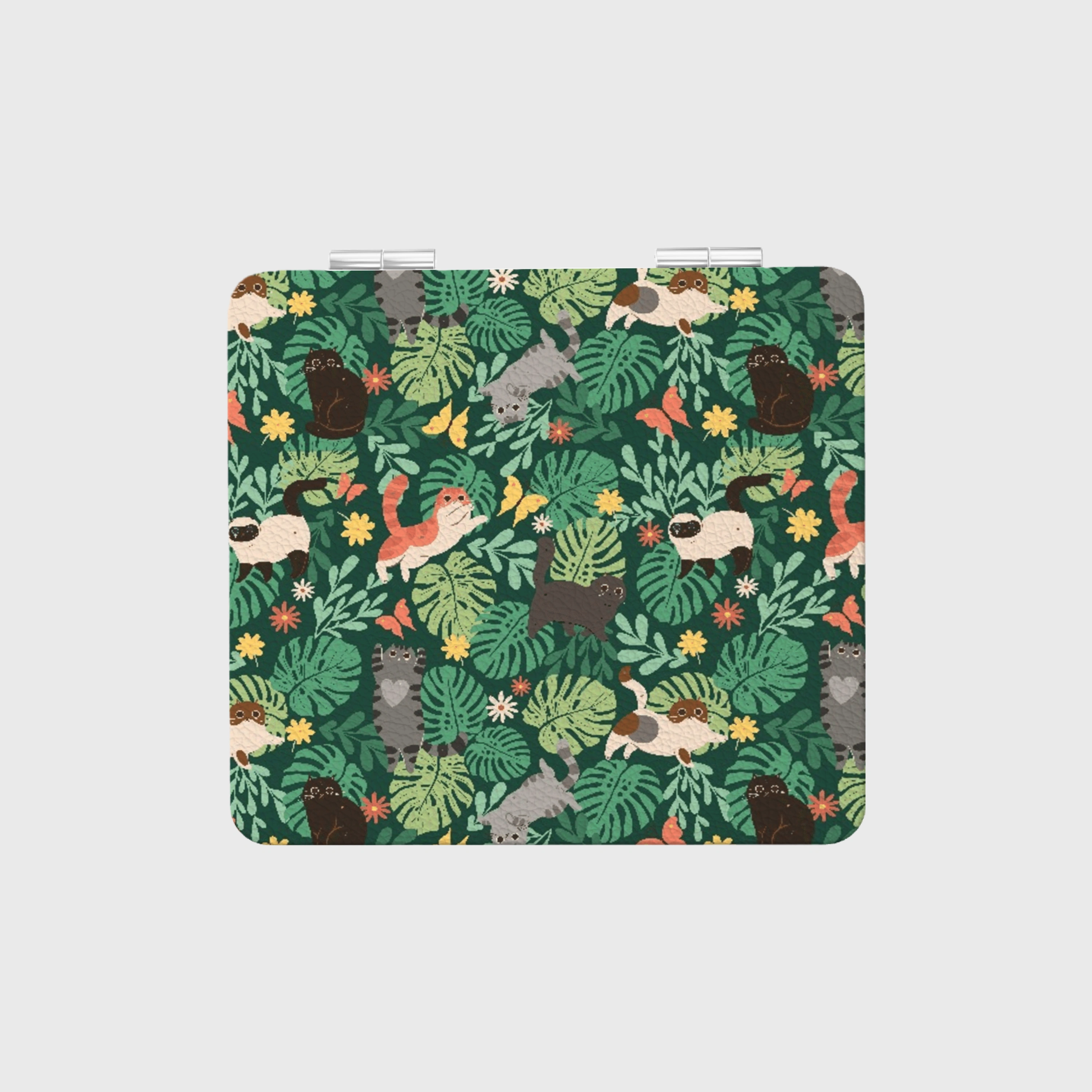 Tropical Cat Pocket Mirror - PU Square Compact Mirror, Gift for Cat Lovers