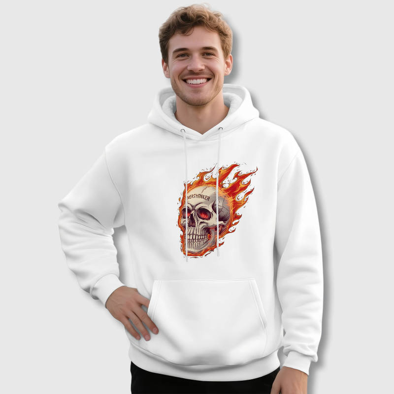 Flaming Overthinker Skull Hoodie for Men Daily Wear Gift