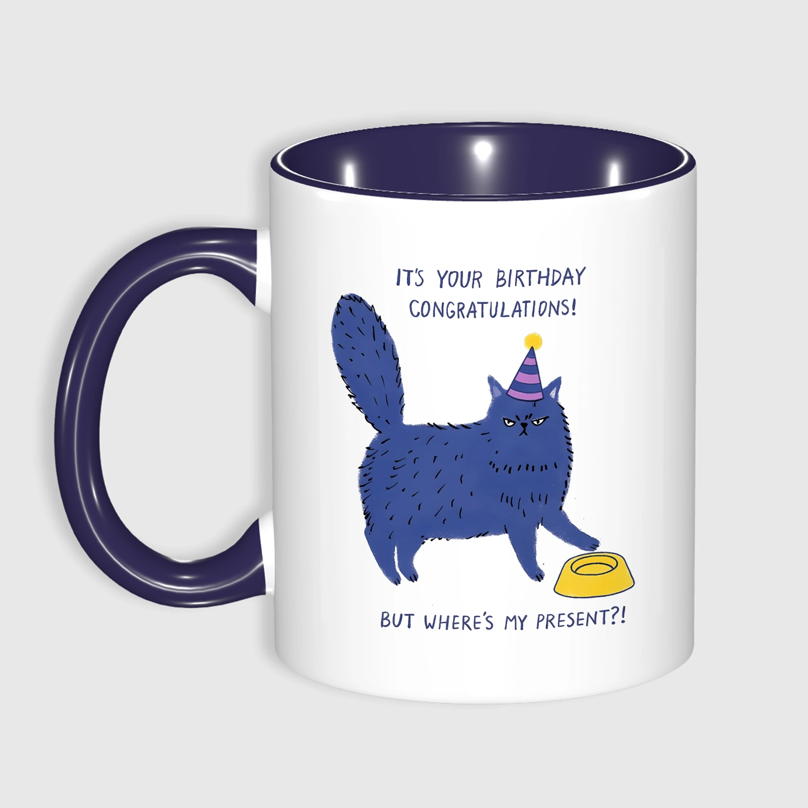 Grumpy Cat Birthday Custom Mug - 11oz Blue Accent Ceramic Cup, Custom Photo/Text Gift for Cat Lovers