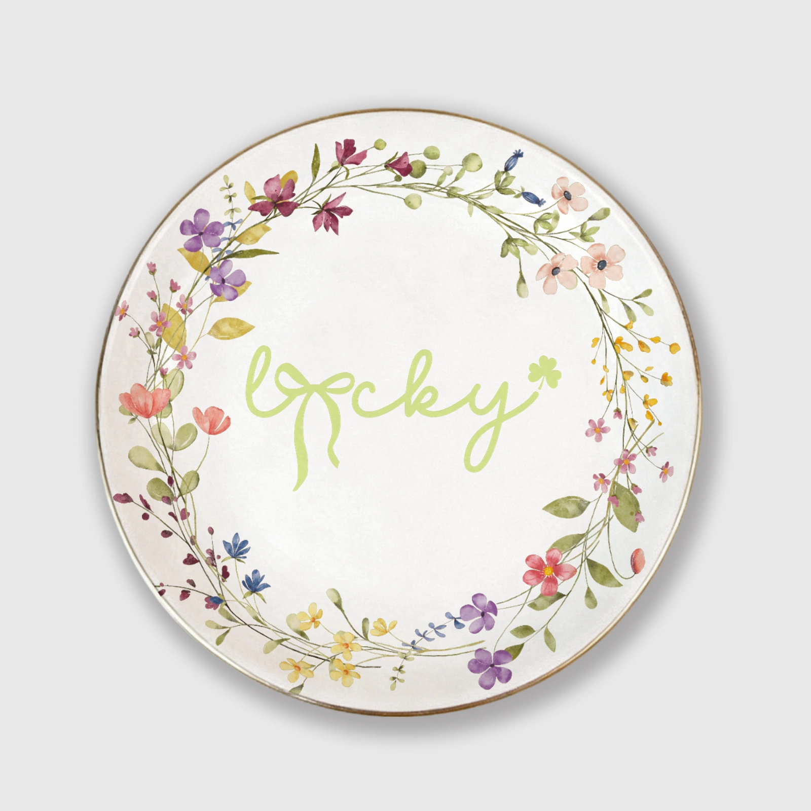 Floral Lucky Round Ceramic Jewelry Tray, Cute Trinket Dish for Birthday Bridesmaid Housewarming Gifts