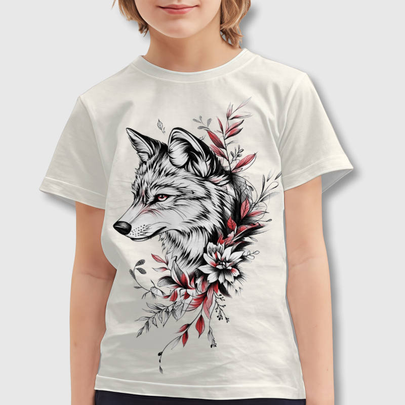 Floral Wolf Print Kids T-Shirt for Birthday Daily Wear