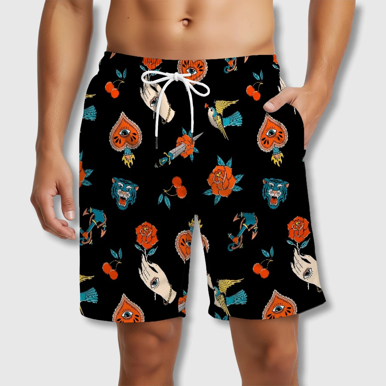Vintage Tattoo Print Swim Trunks for Men Summer Beach Wear