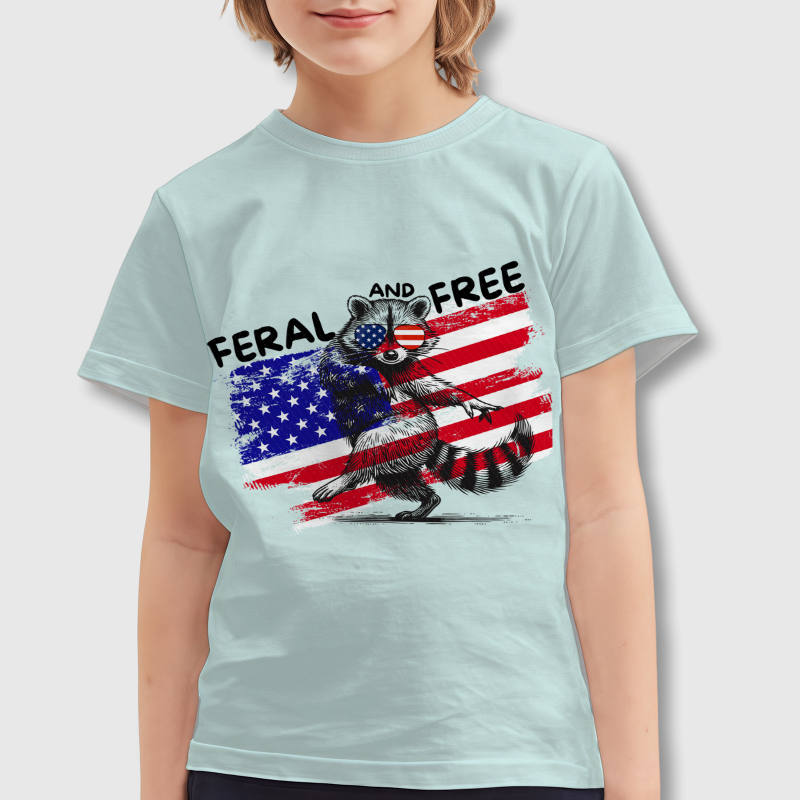 Feral & Free Raccoon USA Flag Kids T-Shirt for Patriotic Gifts