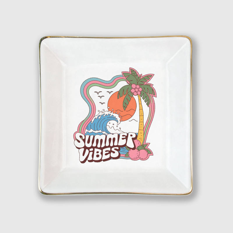 Retro Summer Vibes Square Ceramic Trinket Tray for Beach Lovers