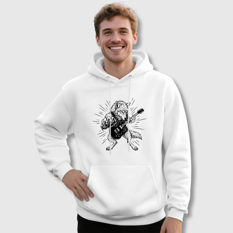 Wolf Guitar Print Hoodie for Rock Fans Birthday Gift