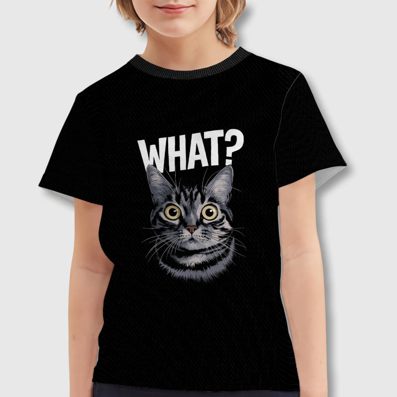 Funny Cat WHAT? Kids Crew Neck T-Shirt for Cat Lovers