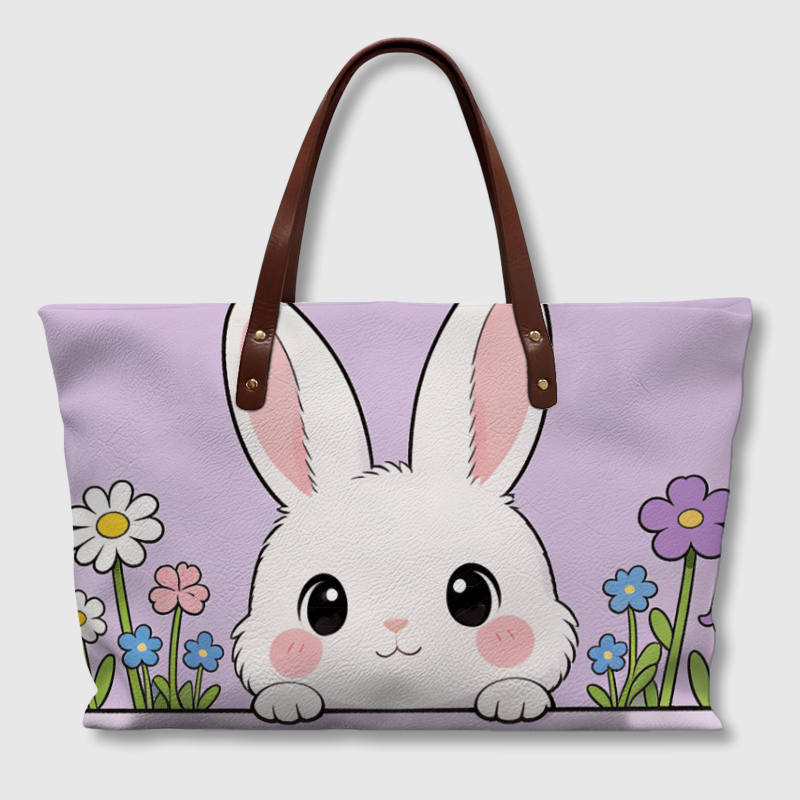Cute Bunny Floral PU Leather Tote Bag for Pet Lovers Easter Gift