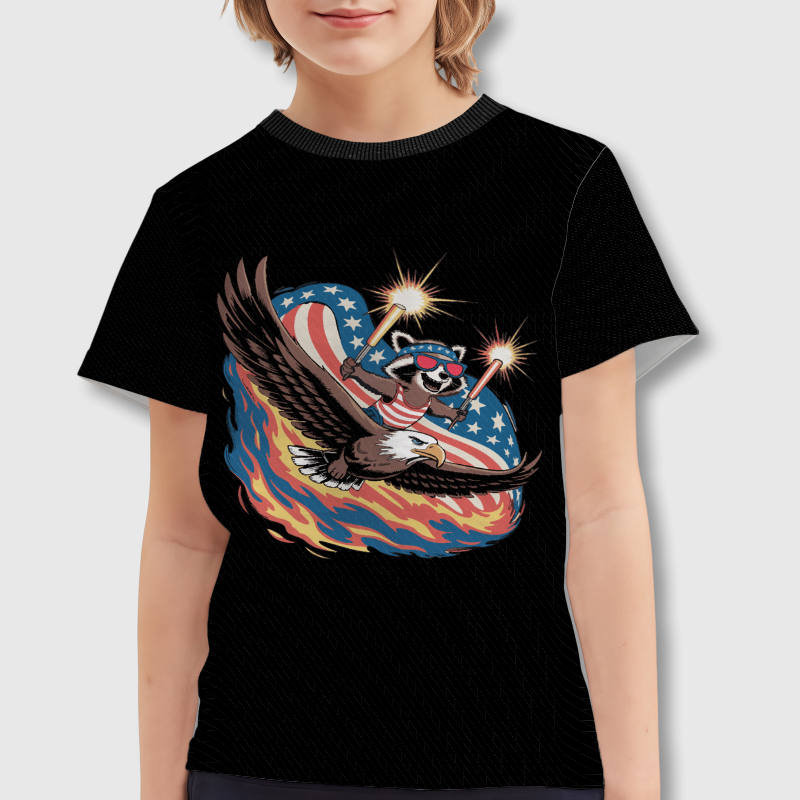 Patriotic Raccoon Eagle Kids Printed T-Shirt for 4th of July
