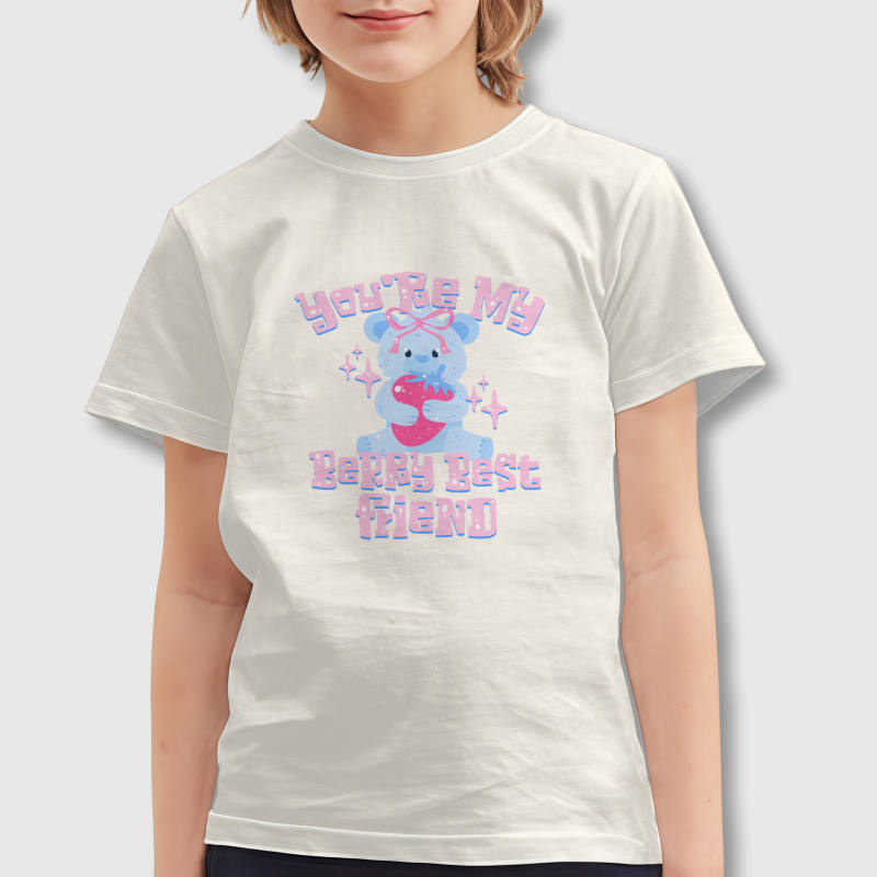 Blue Strawberry Bear Kids Cotton T-Shirt for Valentine Gifts