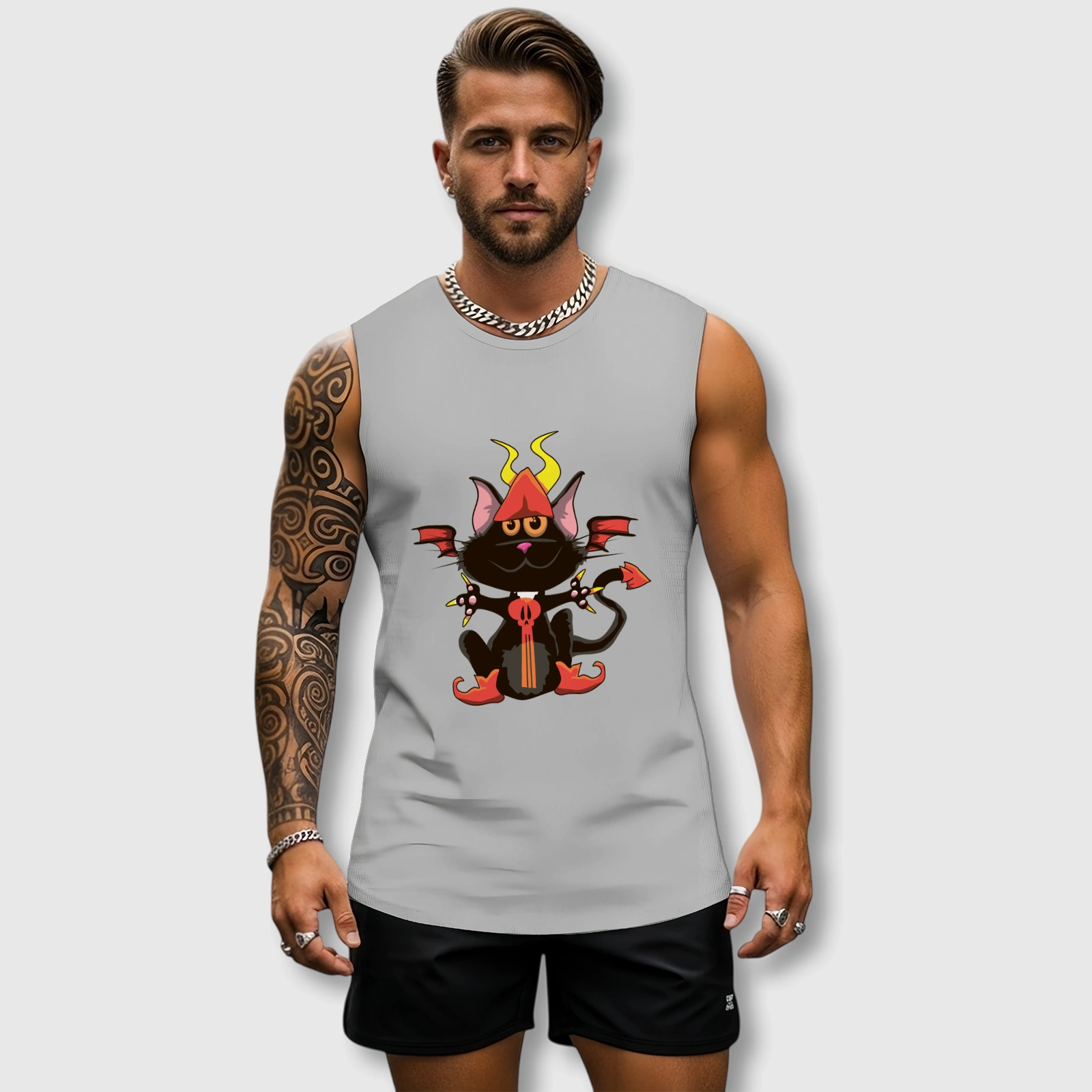 Devil Cat Graphic Sleeveless Tank Top for Men Gym & Casual Wear