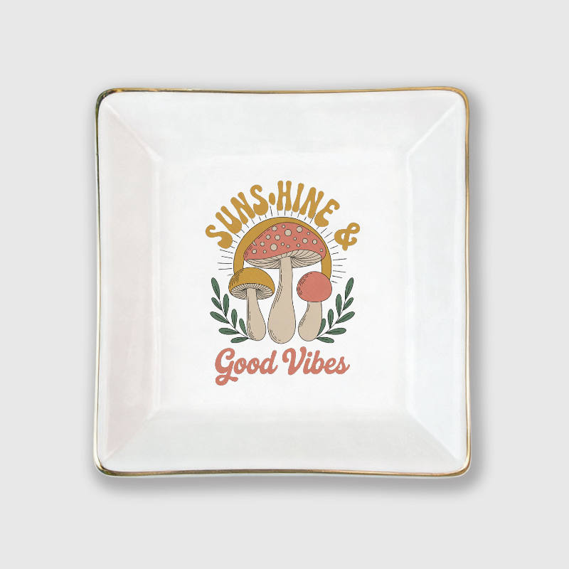 Mushroom Good Vibes Ceramic Trinket Dish for Boho Fans Daily Use