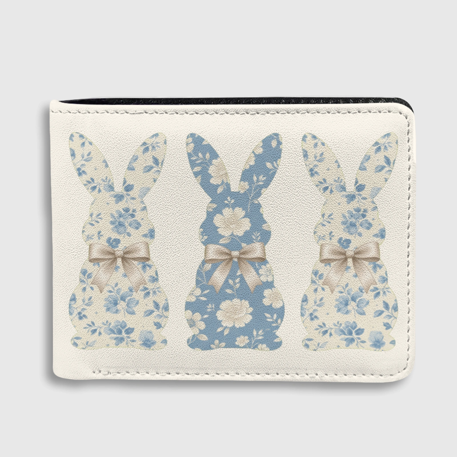 Blue Floral Bunny Bifold Wallet for Her Easter Daily Use