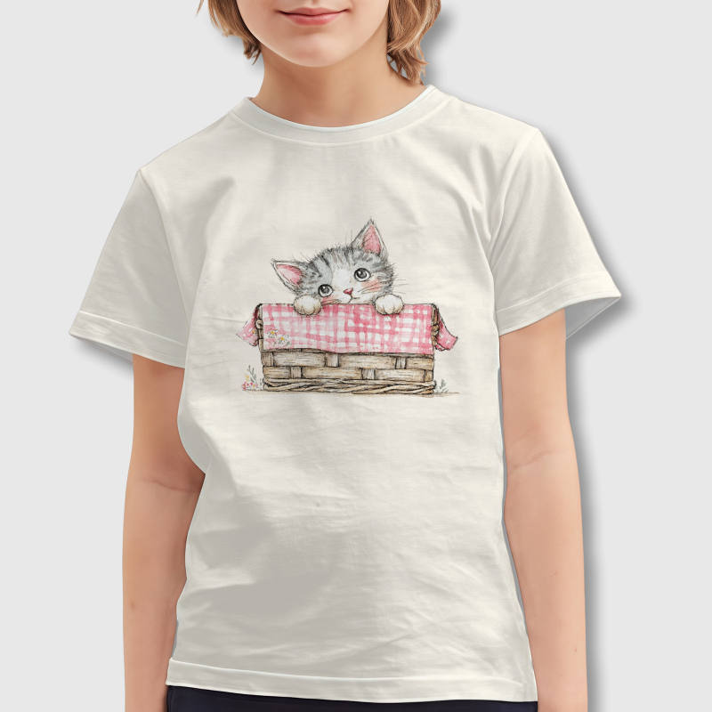 Cute Kitten Picnic Basket Kids T-Shirt for Boys Girls Casual Wear