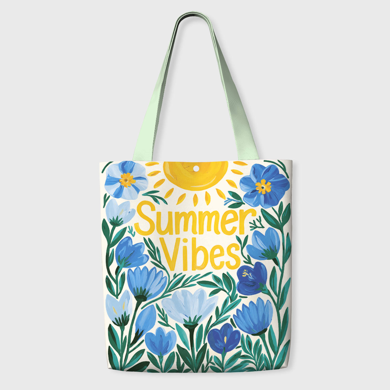 Summer Vibes Blue Floral Canvas Tote Bag, Cute Reusable Bag for Beach, Travel & Gifting