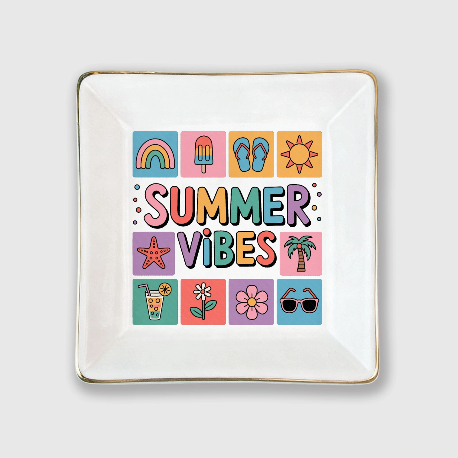 Summer Vibes Gold Rim Trinket Tray for Summer Gifts