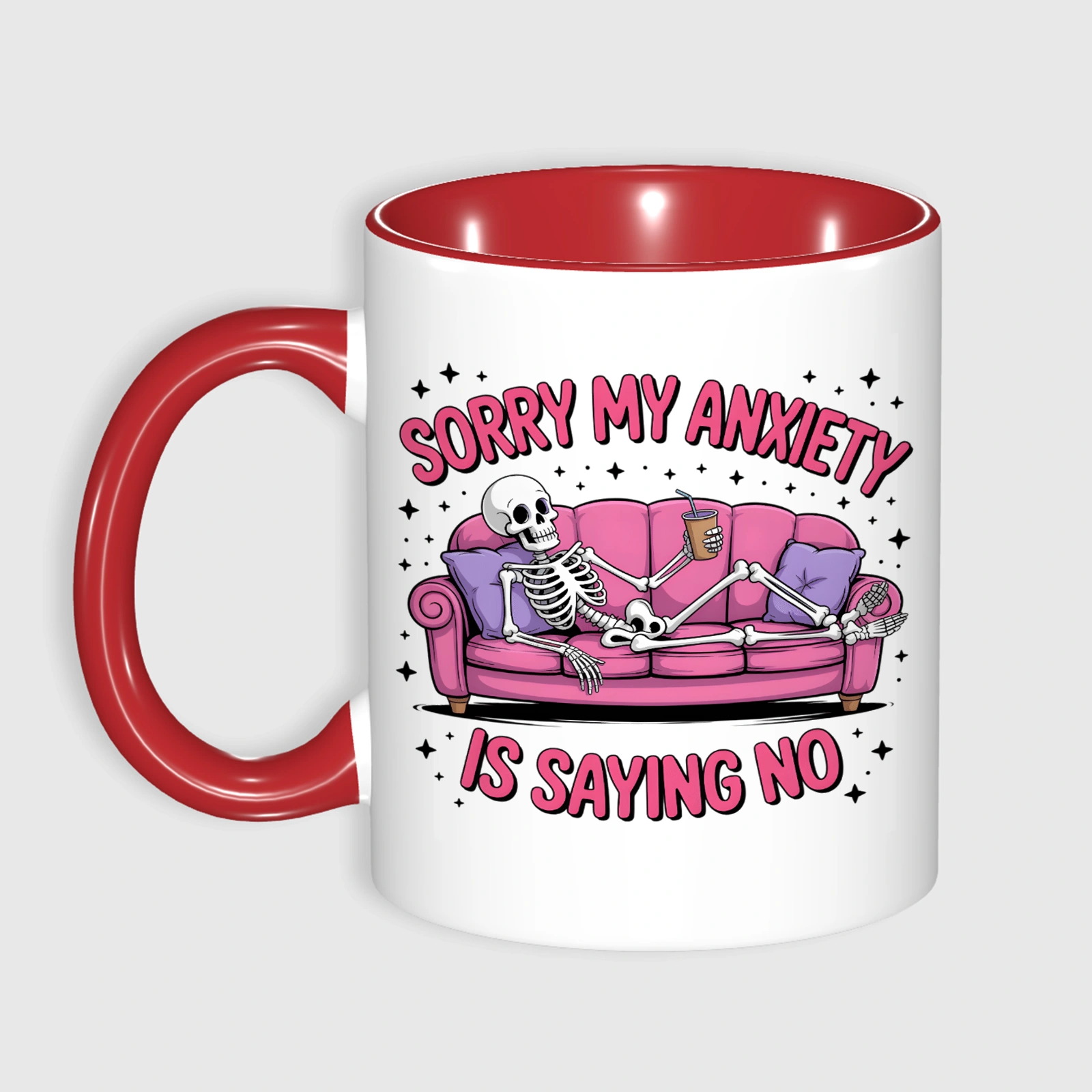 11oz Red Accent Funny Anxiety Skeleton Coffee Mug Sarcastic Gift for Best Friends