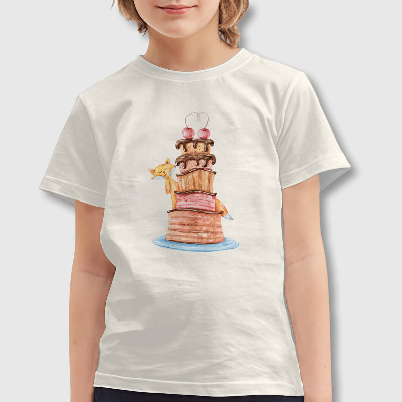 Watercolor Fox Cake Kids T-Shirt for Birthday Gift