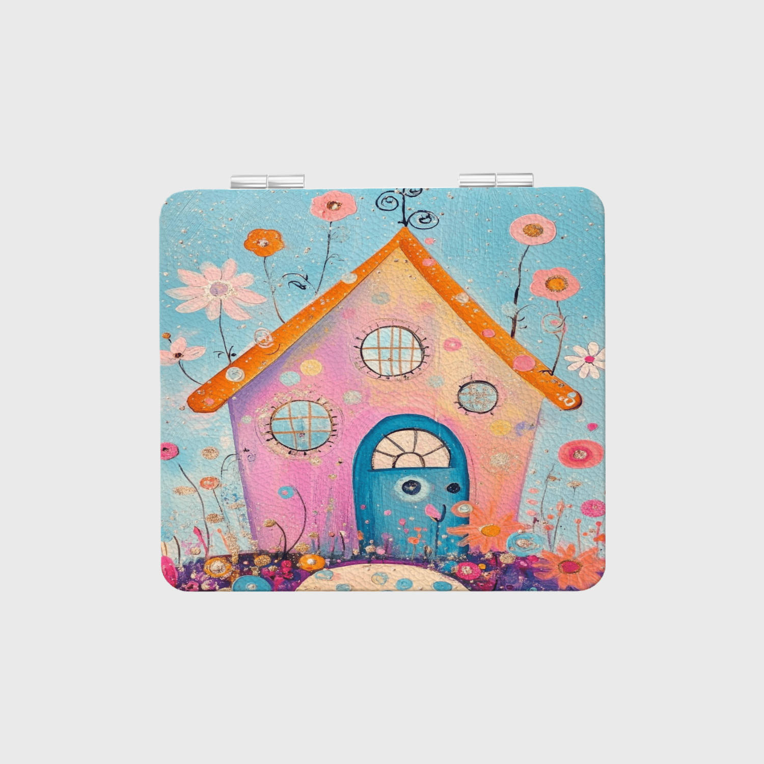 Cute Whimsical House Square Pocket Makeup Mirror for Women, Ideal for Birthday Bridesmaid Gifts