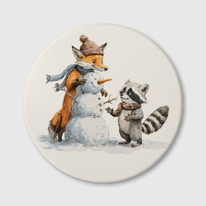 Cute Fox Raccoon Snowman Coaster for Animal Lovers Winter Decor