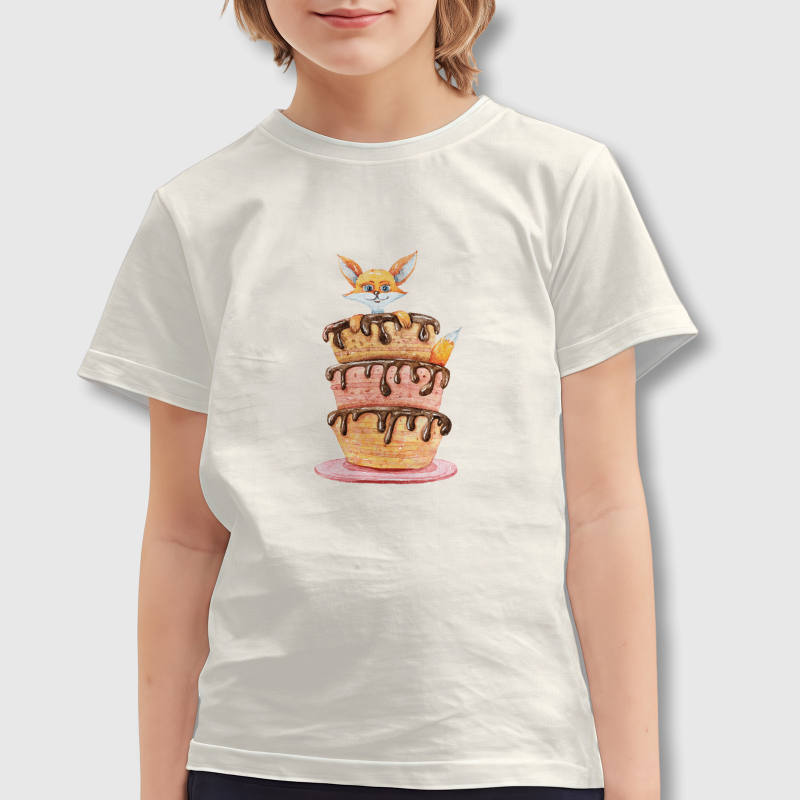 Cute Fox Cake Kids Short Sleeve T-Shirt for Birthday Gift