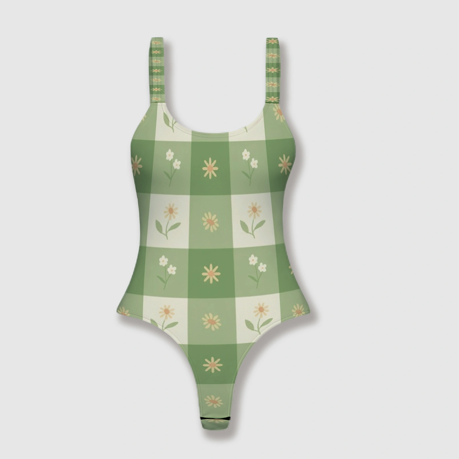 Green Gingham Floral Thong One Piece Bodysuit for Women Summer Beach