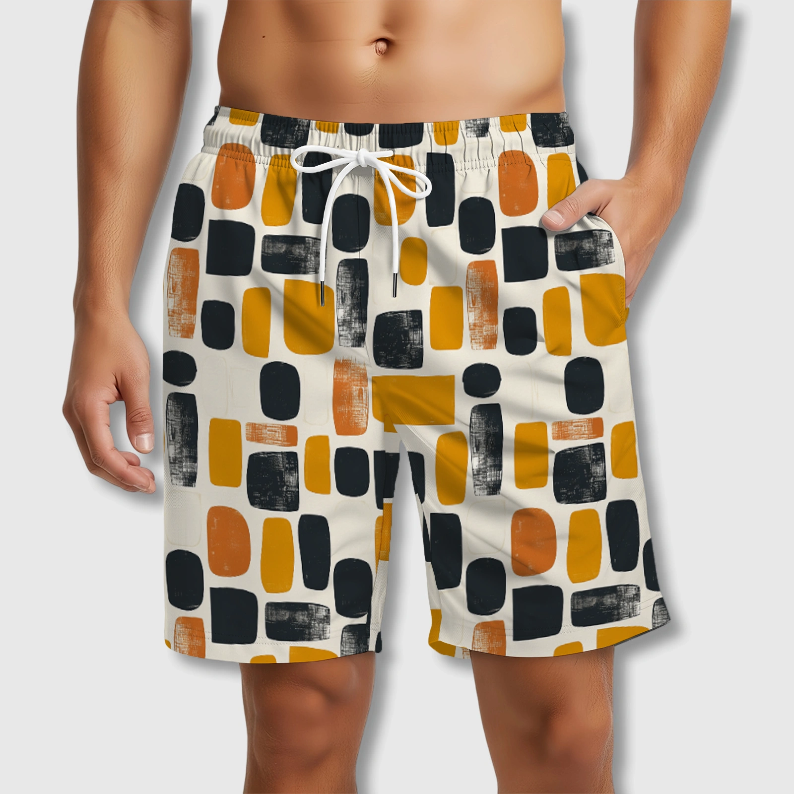 Mid-Century Geometric Print Swim Trunks for Men Summer Use