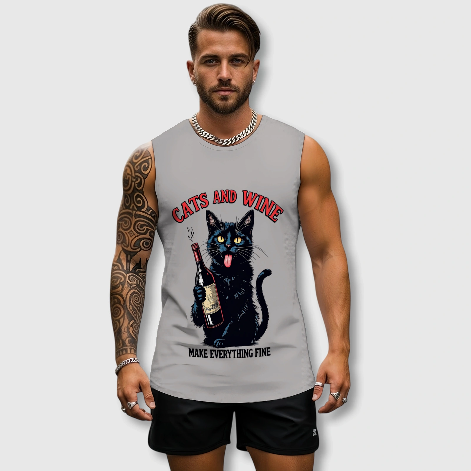 Funny Black Cat Wine Tank Top for Men Gym Daily Use