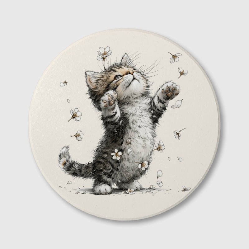 Floral Tabby Kitten Ceramic Coaster for Pet Lovers Daily Use