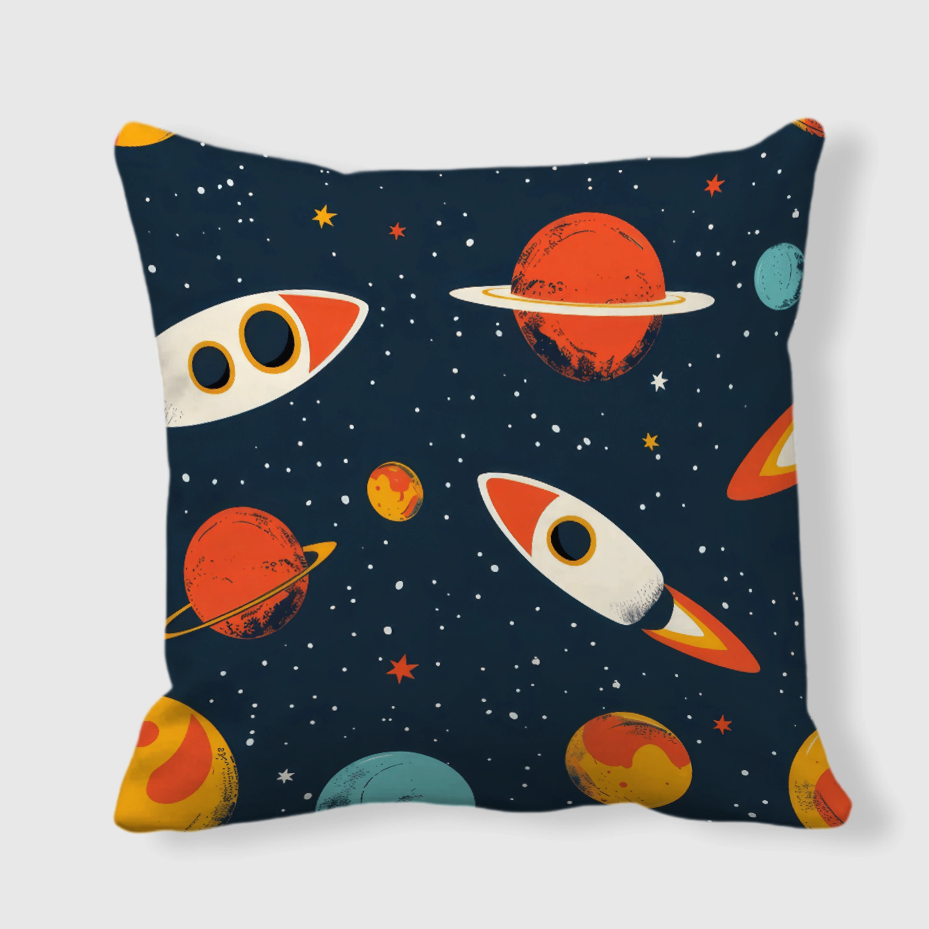 Retro Space Rocket Planet Throw Pillow for Space Fans Home Decor
