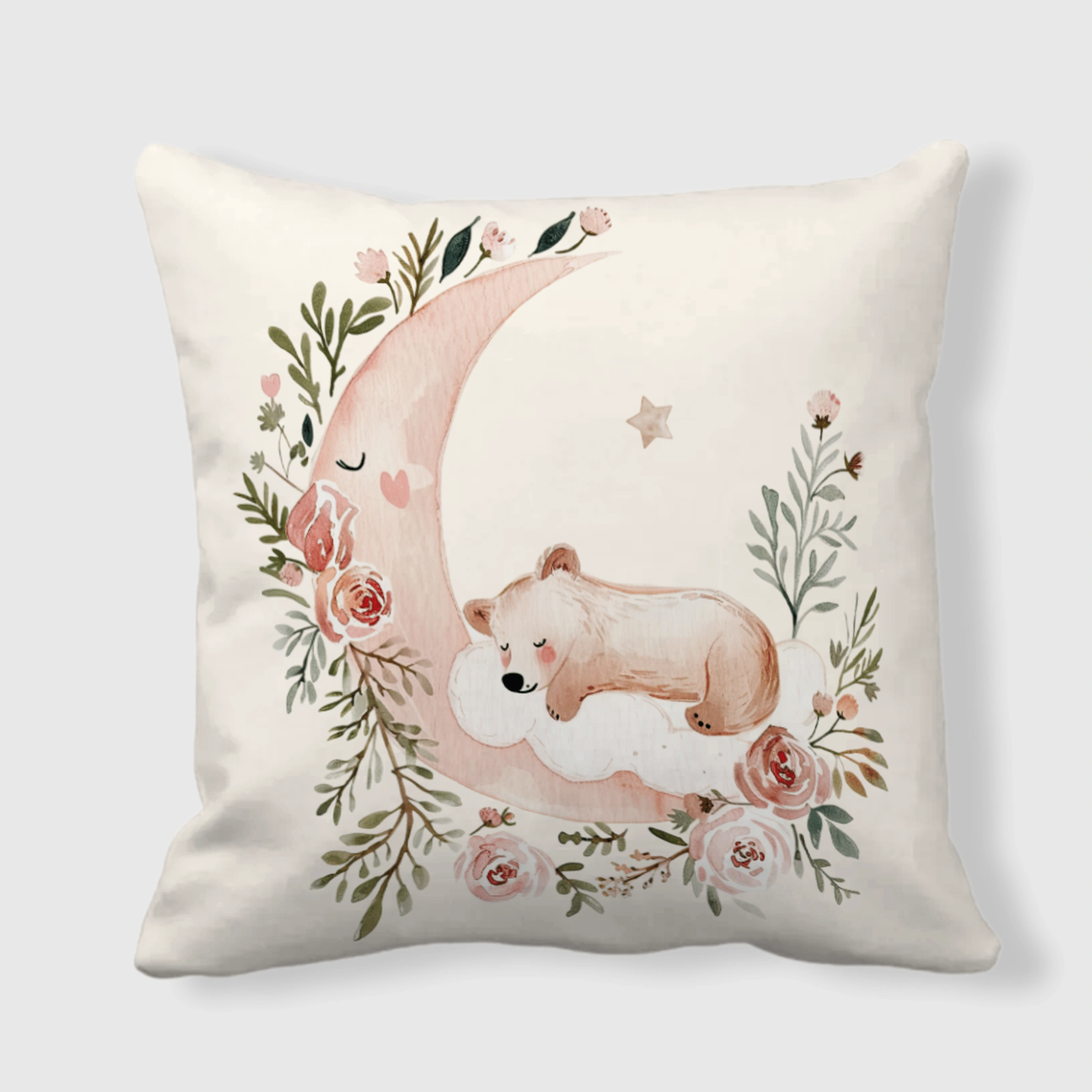 Sleeping Bear Moon Floral Throw Pillow for Nursery Baby Gift
