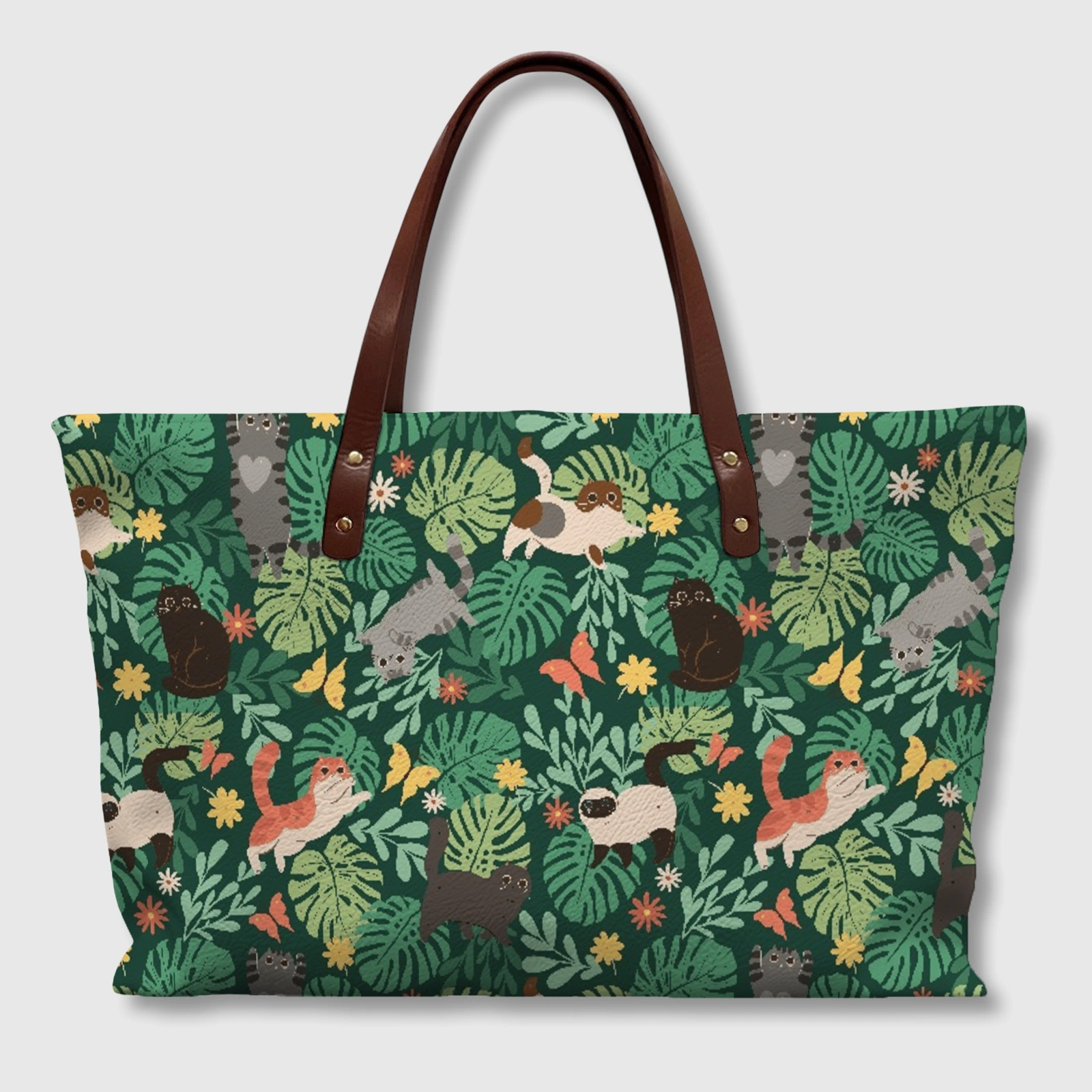 Cute Cat Jungle Print Tote Bag for Cat Lovers Daily Use