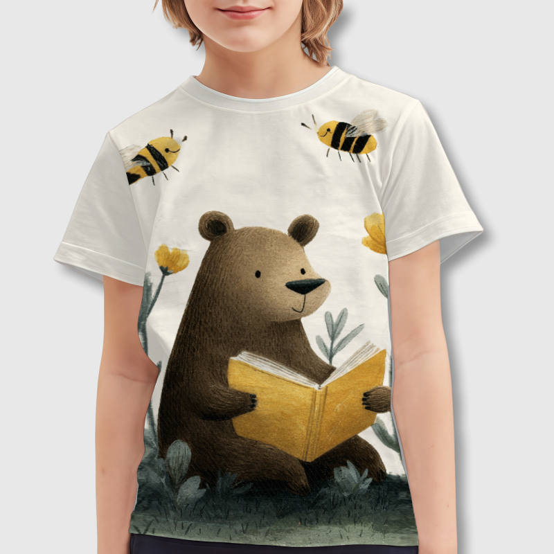 Cute Reading Bear Bee Kids T-Shirt for Daily Use & Gift