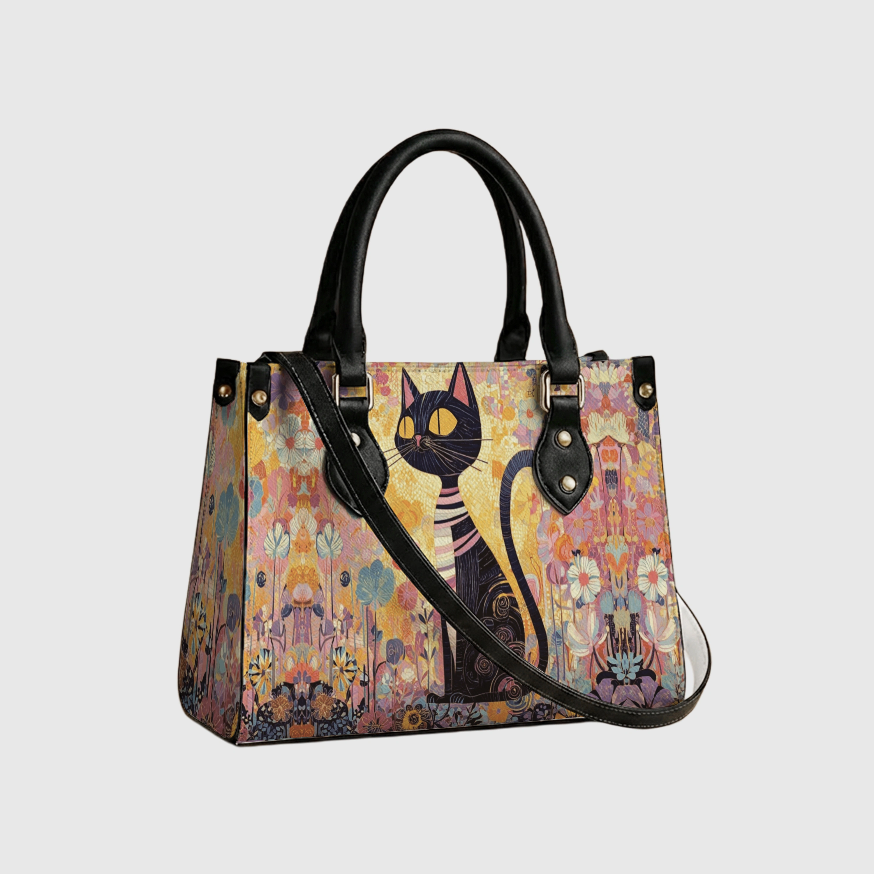 Vintage Black Cat Floral Tote Bag for Cat Lovers Daily Use