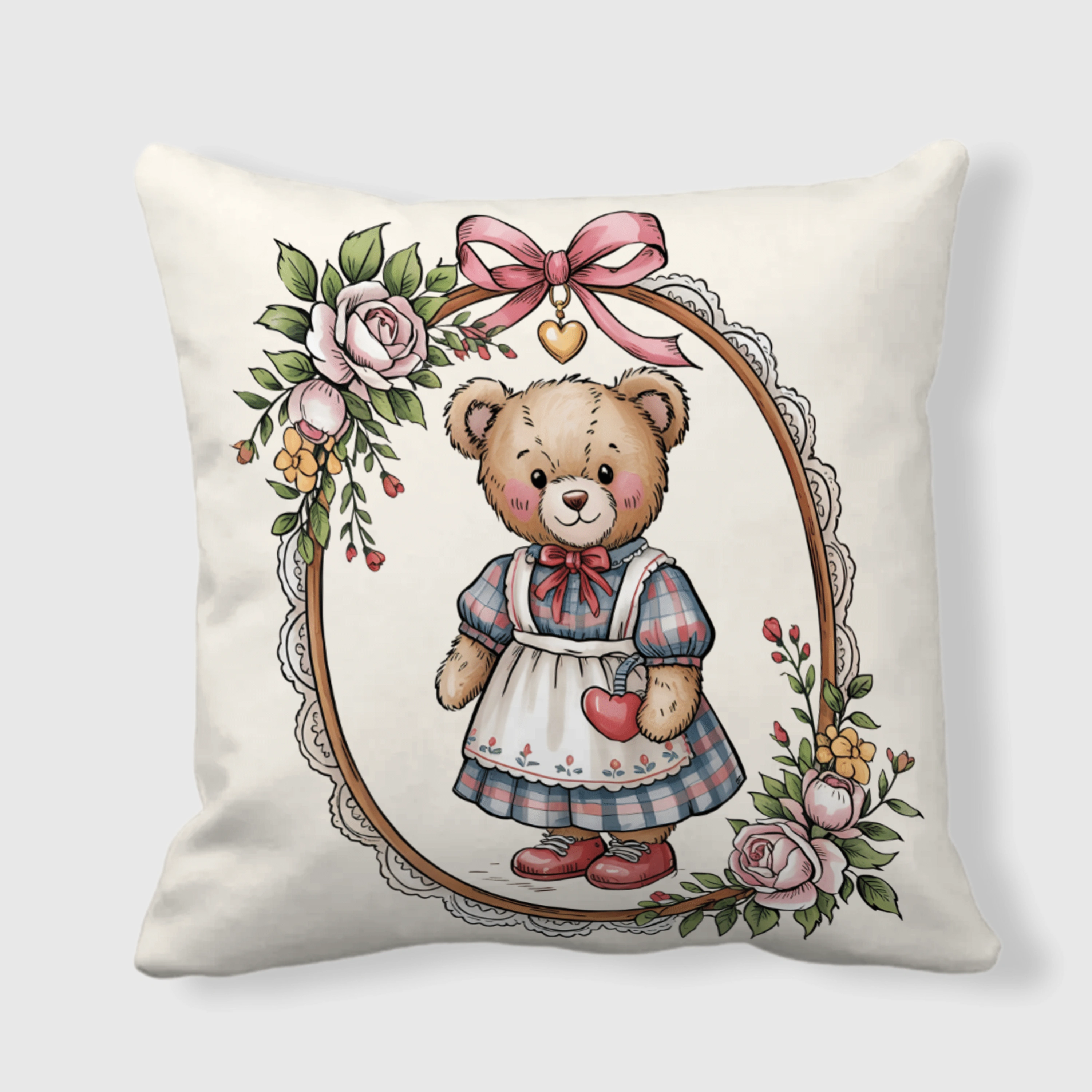 Vintage Floral Teddy Bear Throw Pillow for Valentine's Day Gifts