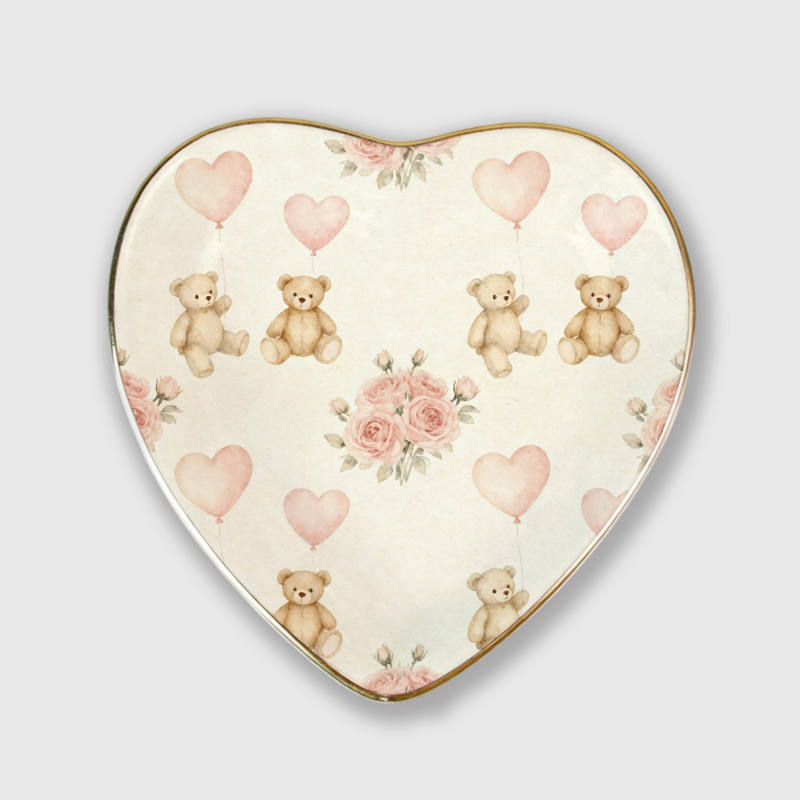 Vintage Teddy Bear Rose Heart Trinket Tray for Valentine Gifts