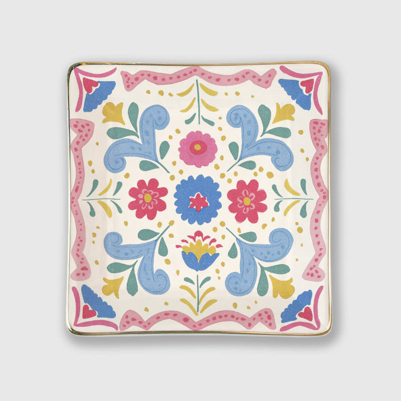 Folk Floral Square Ceramic Trinket Tray for Her Birthday Gift