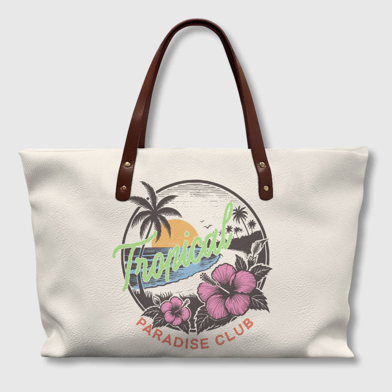 Tropical Hibiscus PU Leather Tote Bag for Women Summer Travel