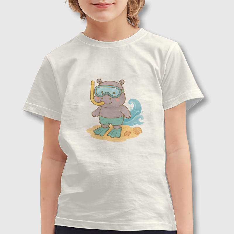 Cute Snorkeling Hippo Kids T-Shirt for Summer Daily Wear