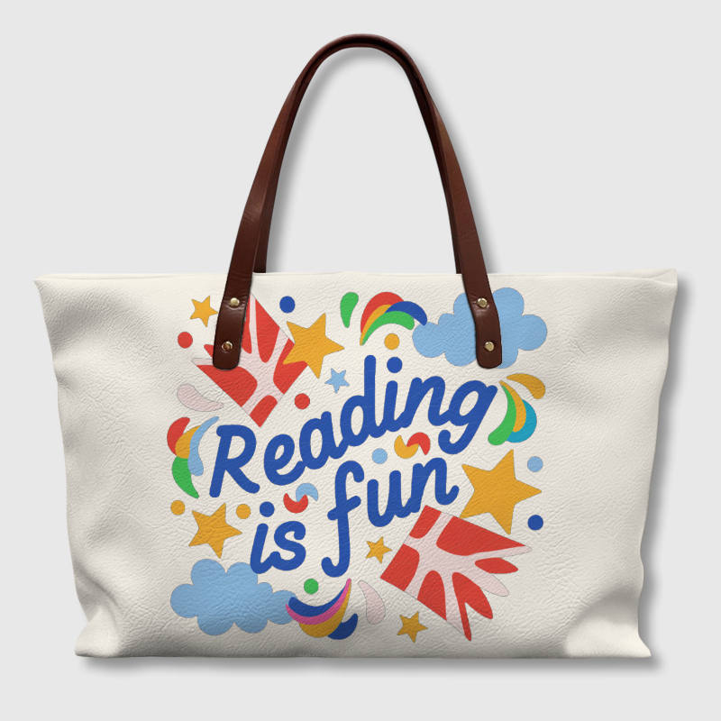 Reading is Fun Quote PU Leather Tote Bag for Book Lovers Daily Use
