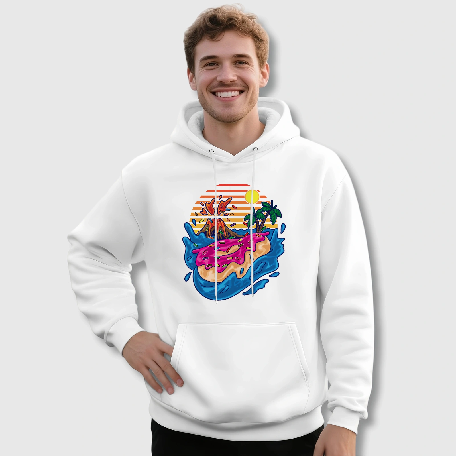 Retro Tropical Volcano Donut Hoodie for Men Daily Use